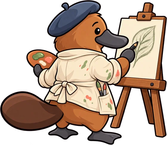 Platy in a beret and smock at an easel, drafting the fix.